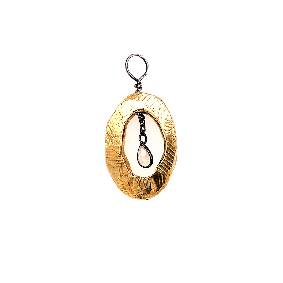 With all the unrest we feel, peace is ever important in our lives. The Peace Talisman was designed to help facilitate a calm state of mind and soothe instability and stress during these conflicted times. A suspended moonstone was incorporated into the design of this Talisman because they are the stone for "new beginnings and inner strength".