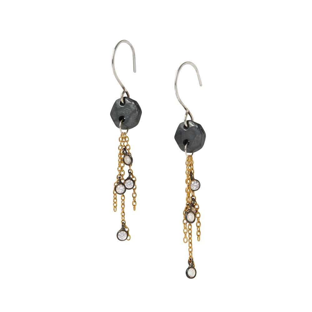 A dazzling celestial dance of mixed metals and sparkling brilliance. These earrings are a testament to the beauty of contrast, featuring a harmonious blend of different metal tones that create a truly eye-catching effect. Each earring is carefully crafted to catch and reflect light from every angle, reminiscent of stars twinkling in the night sky.