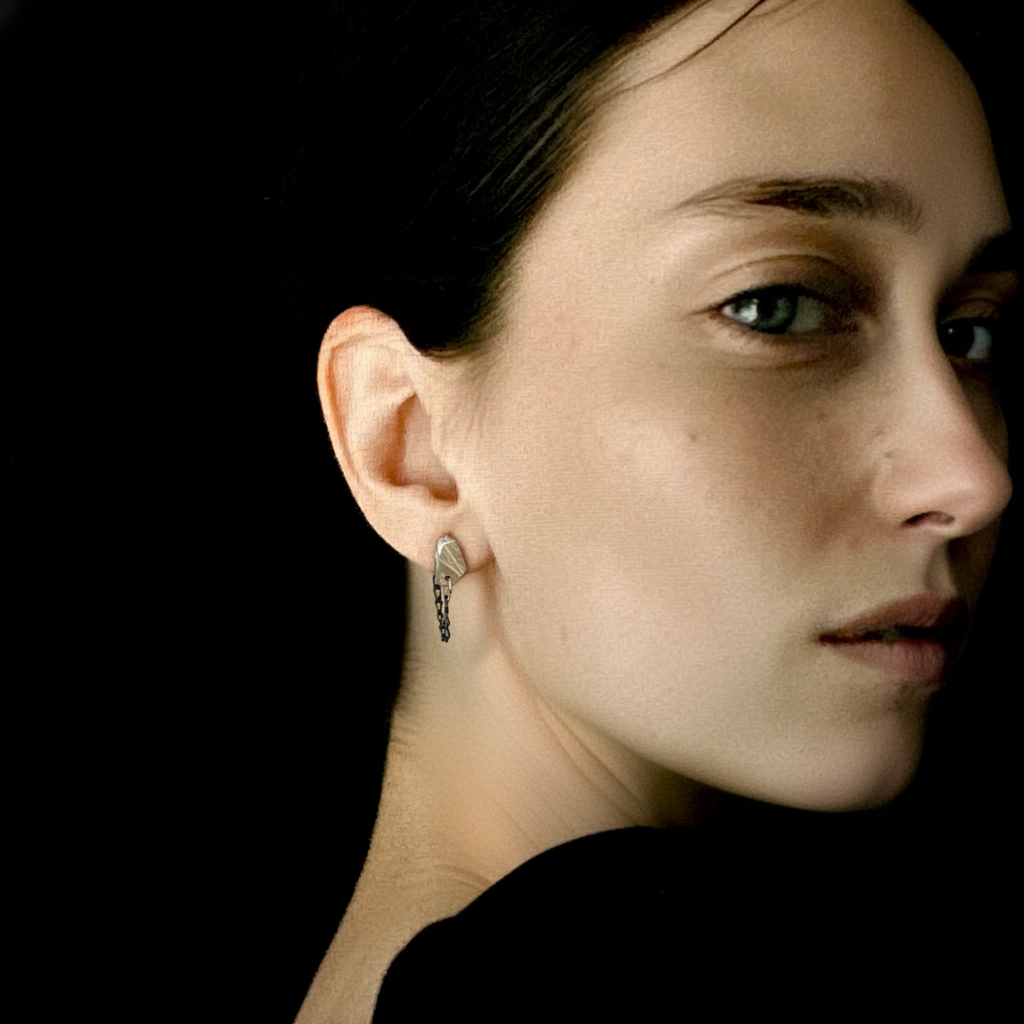 Stone Stud with Chain in Silver on a person 