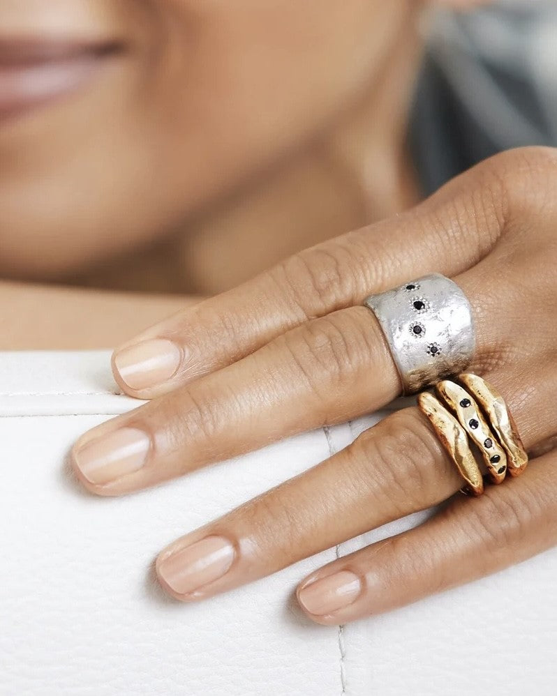 Connection Stacking Rings in Bronze and Five Elements Ring in Silver on Model 