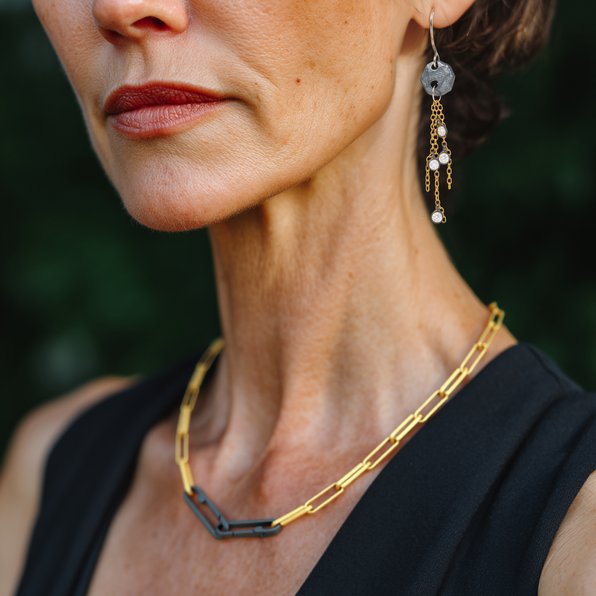 Gold Link Chain with Double Paper Clip in Silver shown on a model