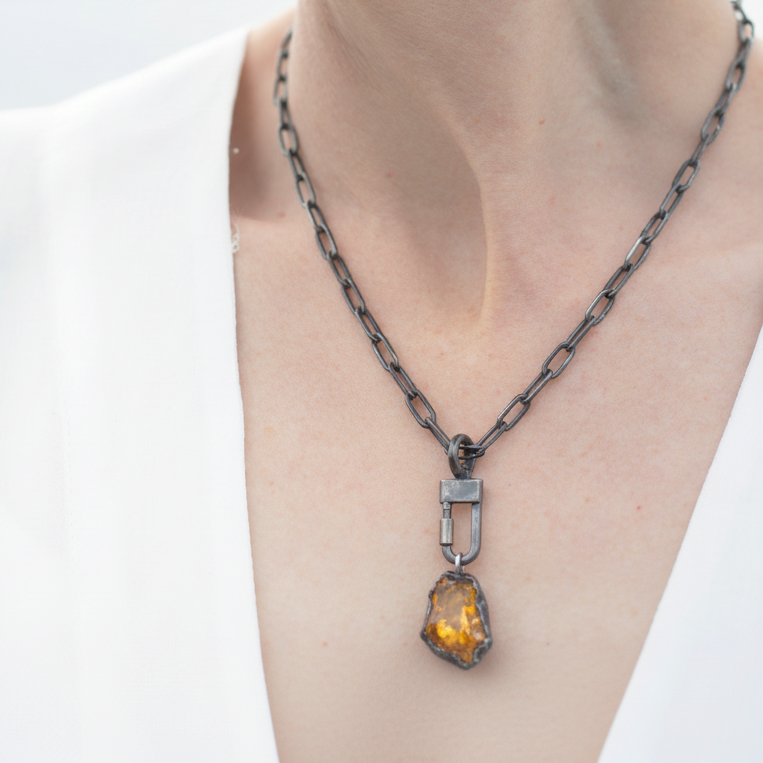 Gratitude Talisman Pendant in Silver with Keum Boo on Oxidized Silver Chain and Lock Connector. 