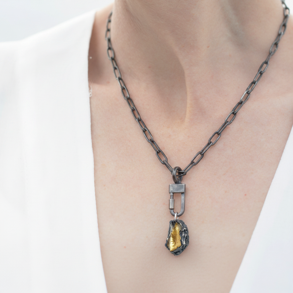 Gratitude Talisman Pendant in Silver with Keum Boo on the Lock Connector and Oxidized Silver Chain 