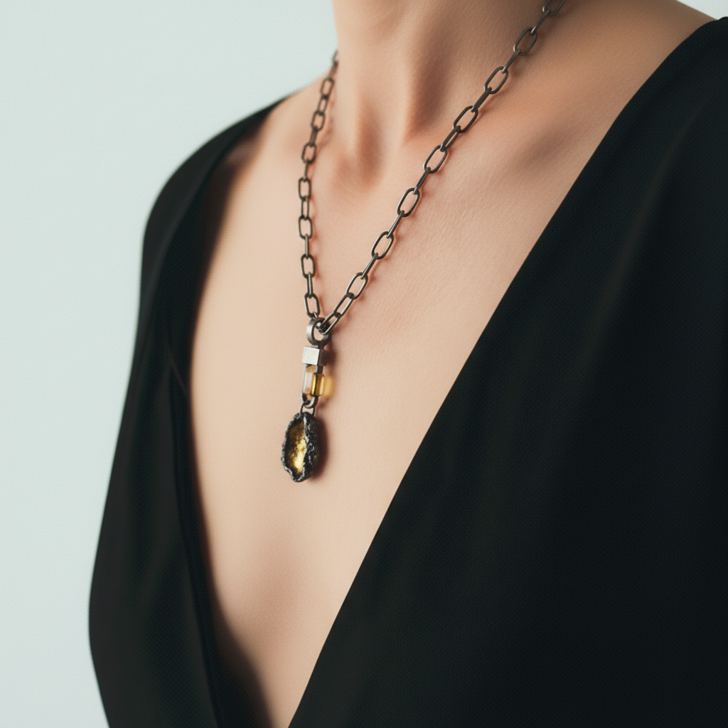 Gratitude Talisman Pendant in Silver with Keum Boo on the Lock Connector and Oxidized Silver Chain on Model 