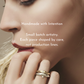 Close-up of a woman's face wearing a Channel & Odyssey Rings with text about handmade jewelry.