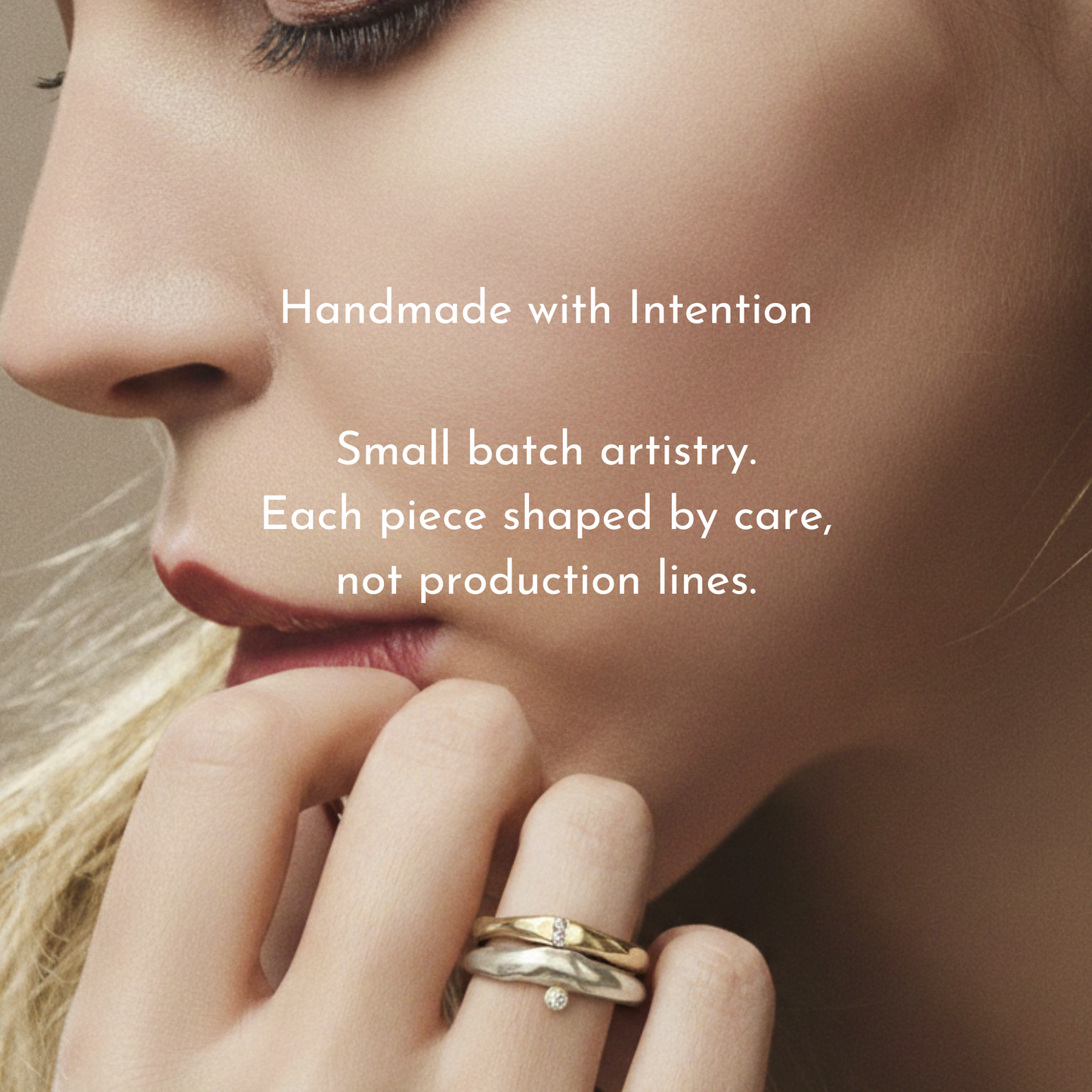 Close-up of a woman's face wearing a Channel & Odyssey Rings with text about handmade jewelry.