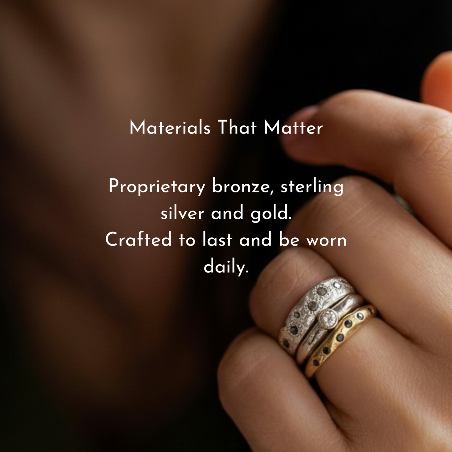 Hand wearing Thrive, Devotion & Constellation Rings with text about material quality