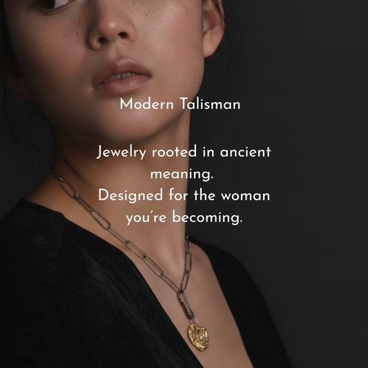 Person wearing Love Talisman Necklace with text about 'Modern Talisman' jewelry on a dark background
