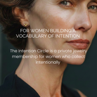 Close-up of a woman's face with text about The Intention Circle jewelry membership.