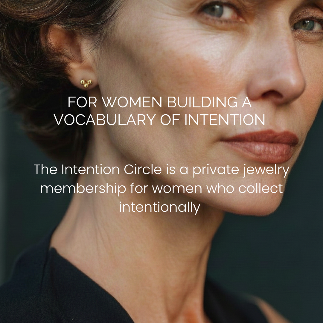 Close-up of a woman's face with text about The Intention Circle jewelry membership.