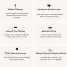Promotional text about a jewelry brand with icons and descriptions on a white background.
