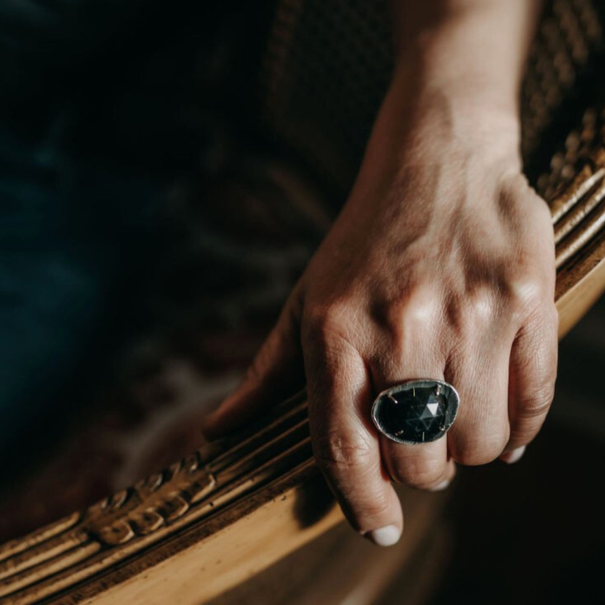 Medium Black Onyx Gemstone Ring shown on persons hand
