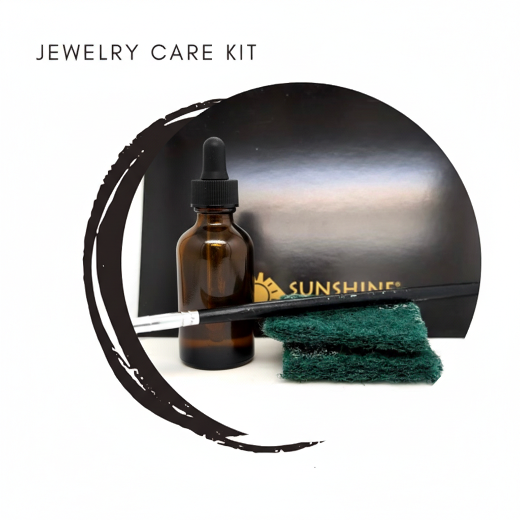 Jewelry Care Kit includes Polishing Cloth; Oxidation Solution: Brush: Buff Pads and Instructions to keep your jewelry sparkly and beautiful.