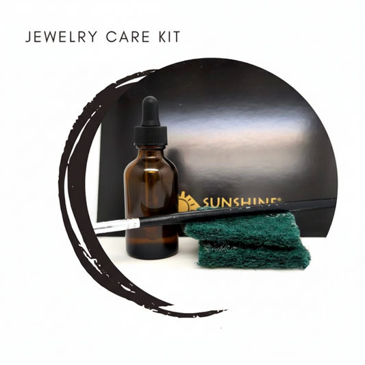 Jewelry Care Kit includes Polishing Cloth; Oxidation Solution: Brush: Buff Pads and Instructions to keep your jewelry sparkly and beautiful.