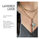 Two necklaces layered on a person's neck with product names and descriptions.