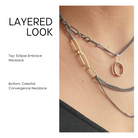 Two layered necklaces on a person's neck with text indicating the names of the necklaces.