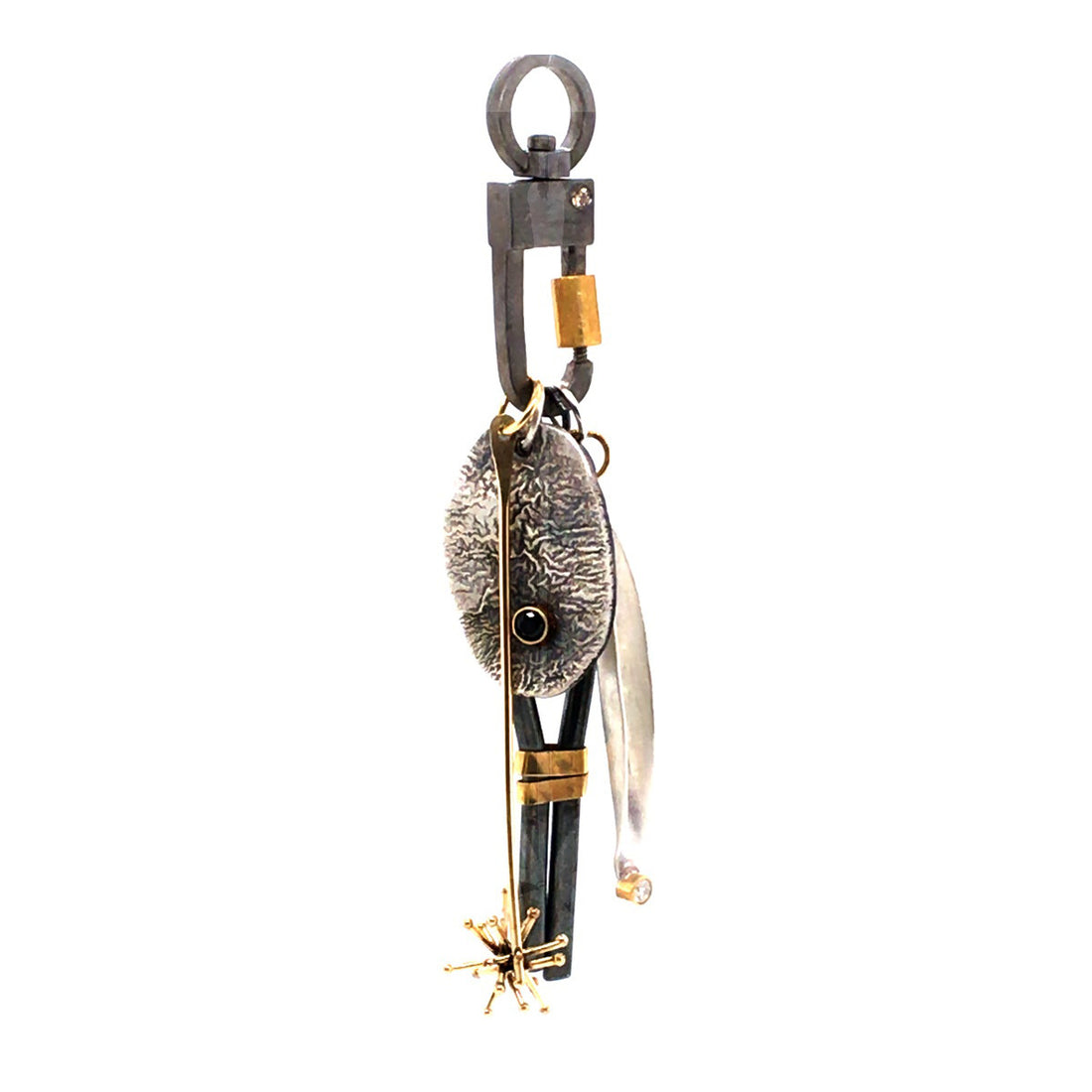 The Lock Connector with Diamond is made of solid sterling silver with a 18k gold-plated screw closure. Includes two 2.5 mm flush set white diamond and is made to swivel so your Talisman Pendants will move with your body.