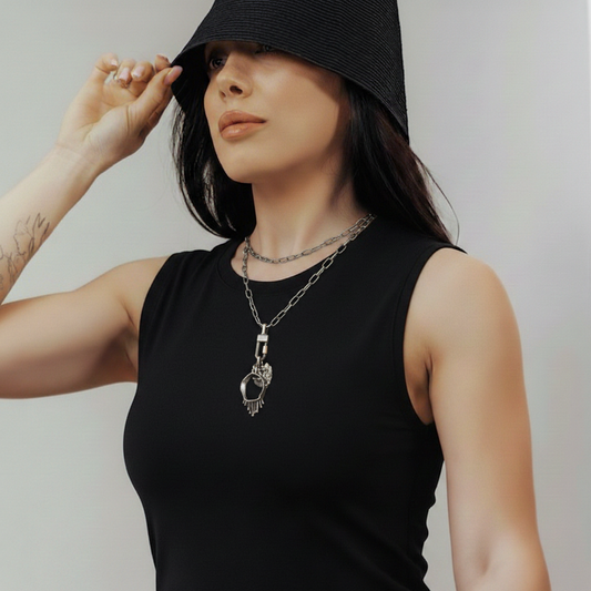 Model wearing Talisman Healing & Love Pendants on Oxidized Silver Chain and Lock Connector. 