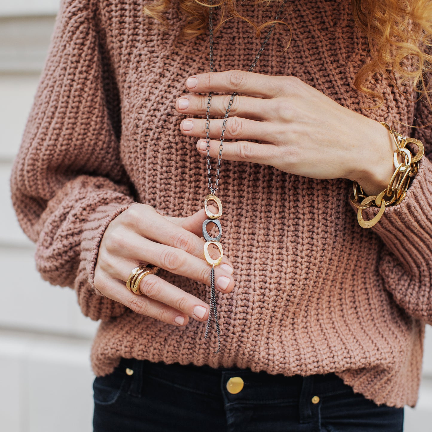 The 30" Drop Necklace in Bronze and Silver is the essential necklace to transition from day to evening. It's graceful curves and stunning movement show off your effortless style. 