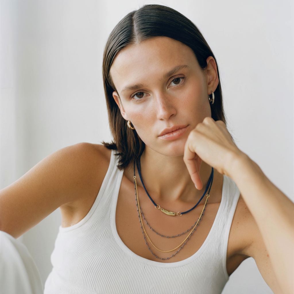 Whisper Necklace layered with the Layered Necklace in Mixed Metal on Model 
