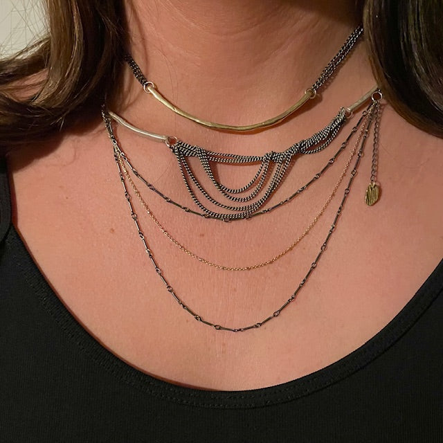 Cascade Layers Necklace shown here in silver (middle) with our Bronze Bar Necklace (top) and our Layered Necklace in Mixed Metal (bottom). 