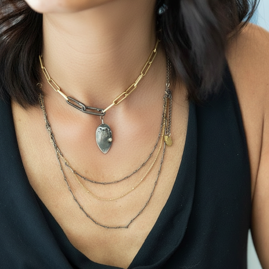 Gold Link Chain with Double Paper Clip Connectors (Desire Talisman Pendant added) shown with the Mixed Metal Layered Necklace.  