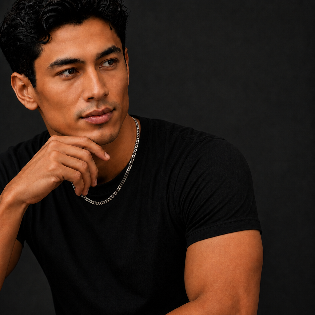 Hold Necklace on male model