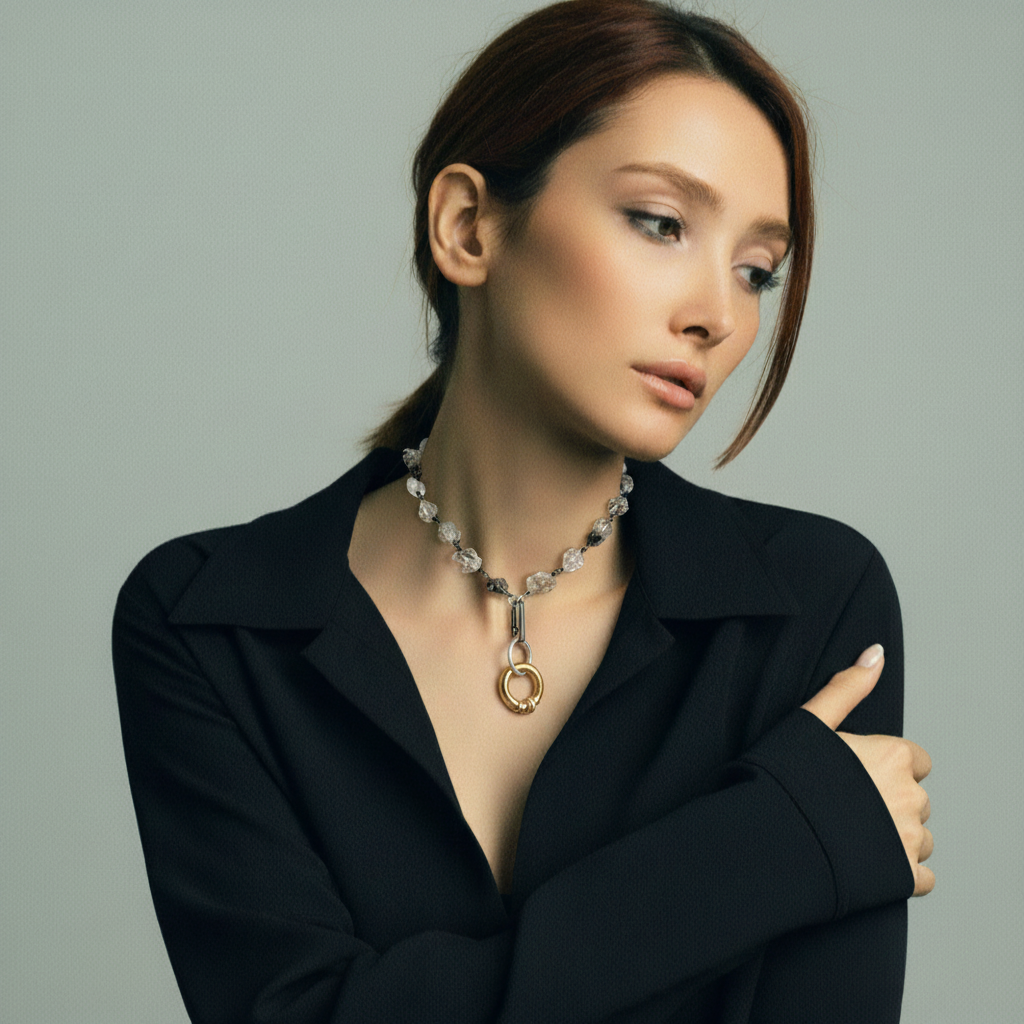 Model wearing the Kept Necklace with the Ascendant Talisman