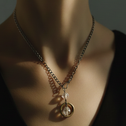 Close up of Witness Necklace from Unbroken Collection on model