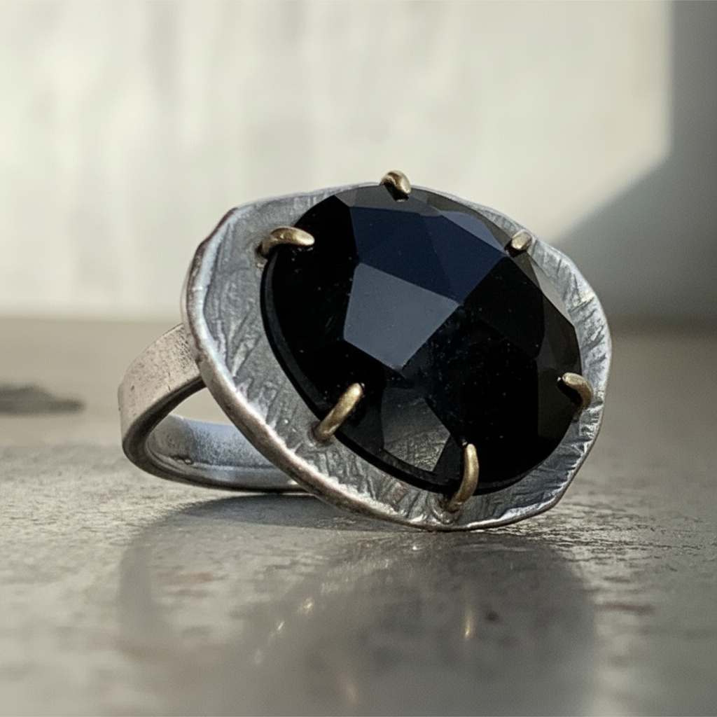 Medium Jet Black Gemstone Ring up close