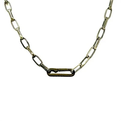 This sophisticated chain is made of solid sterling silver and the weight of it is luxurious. It has a brushed oxidized silver finish. Links are 3/8" in size. The closure is our Oxidized Silver Paper Clip Connector which is designed to easily attach your Talisman collection. 