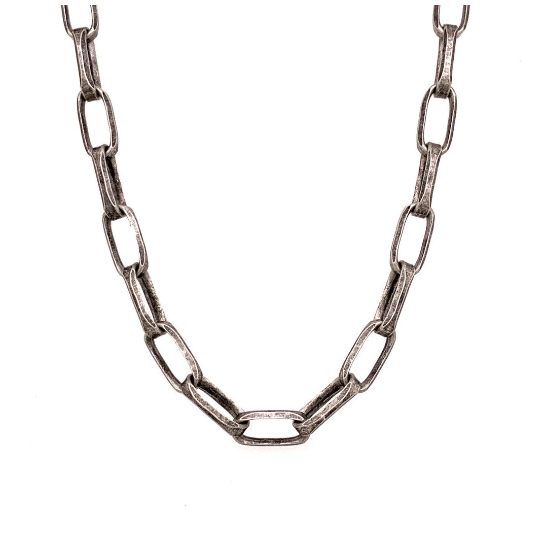 This sophisticated chain is made of solid sterling silver and the weight of it is luxurious. It has a brushed oxidized silver finish. Links are 3/8" in size