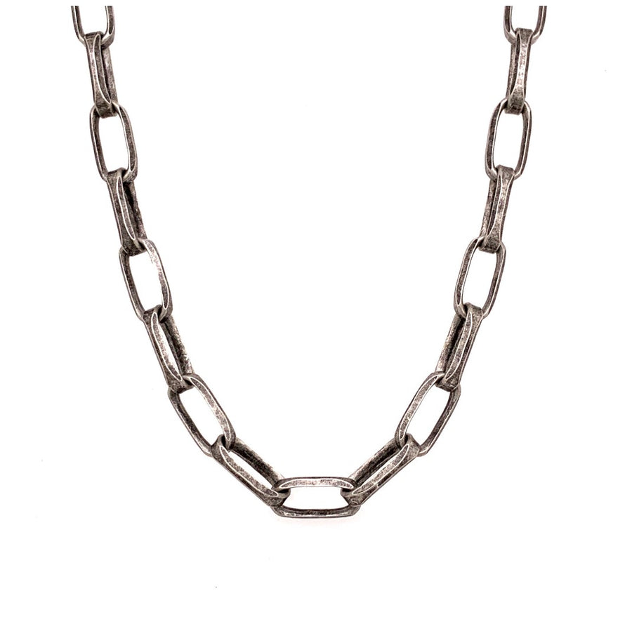 This sophisticated chain is made of solid sterling silver and the weight of it is luxurious. It has a brushed oxidized silver finish.  Links are 3/8" in size