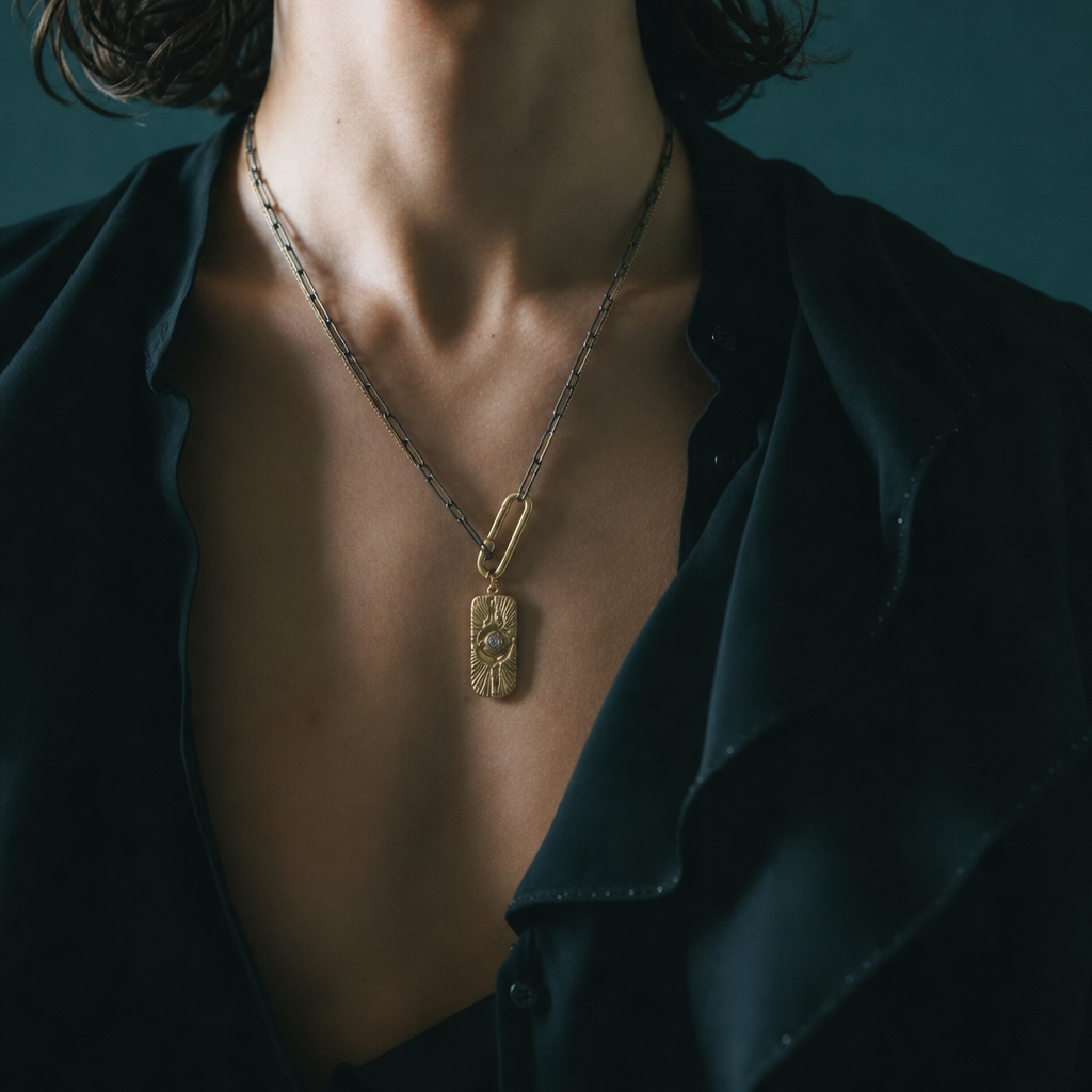Passage Talisman Pendant on the Black Silver Layered Chain on a model