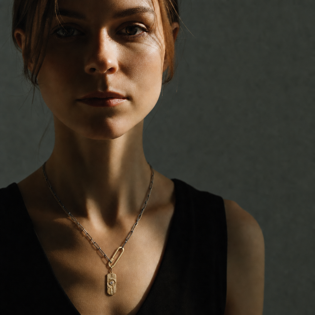 Passage Talisman Pendant on the Black Silver Layered Chain on a model