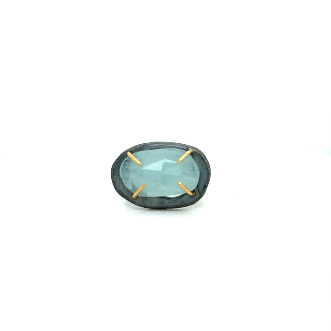 The semi precious gemstones in our collection are carefully chosen for their unique color and energy. The rose cut facets of these semi precious stones create more reflection, enhancing the beauty and radiance of the stone. This ring features Aquamarine. Aquamarine helps us gain insight, truth, and wisdom. It is known to calm the mind and ease anxiety.