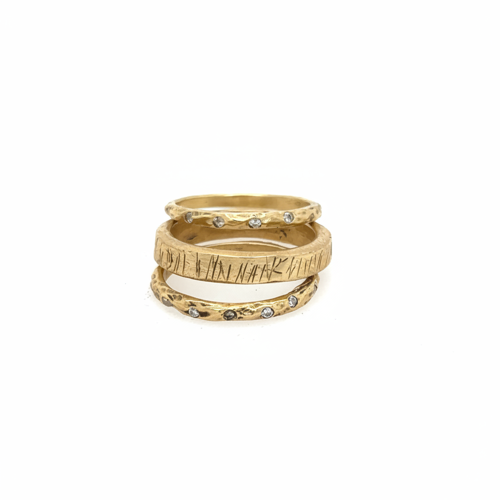 Kintsugi and Mushin 18kt Gold Rings Stacked