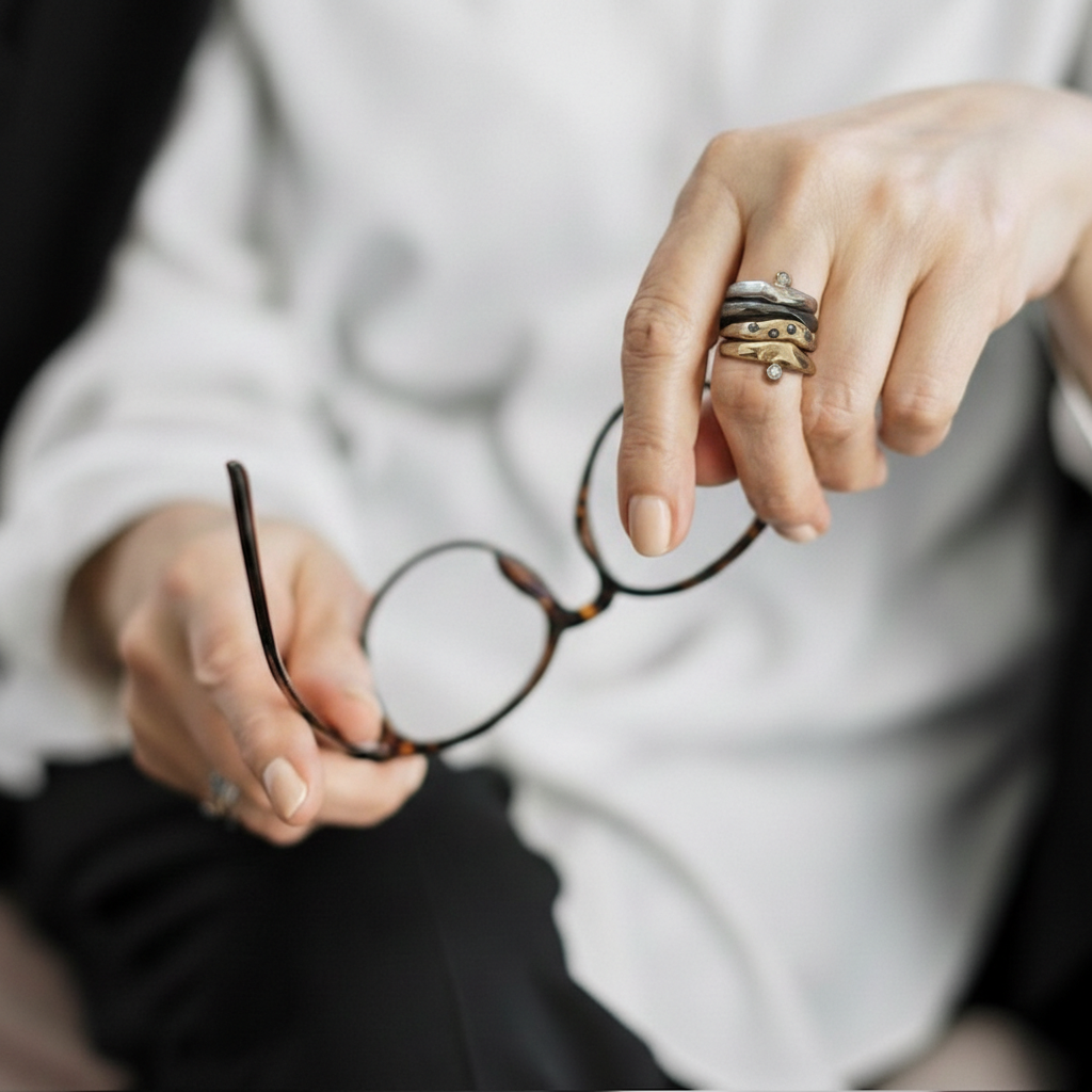 Model wearing Odyssey in Bronze; Constellation in Bronze; Element in OXS w/Gold Accents; Odyssey in Silver Rings.