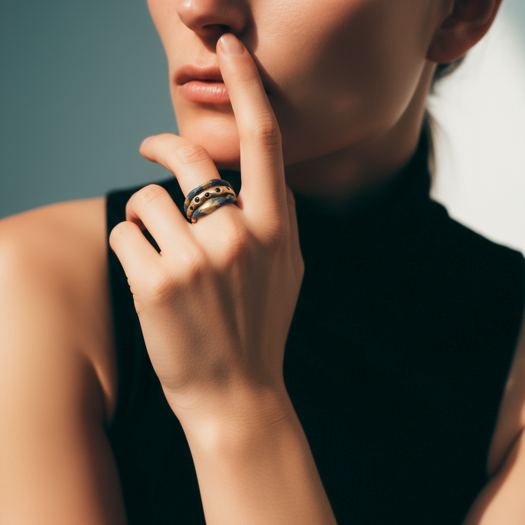 Celestial Ring Stack on model up close