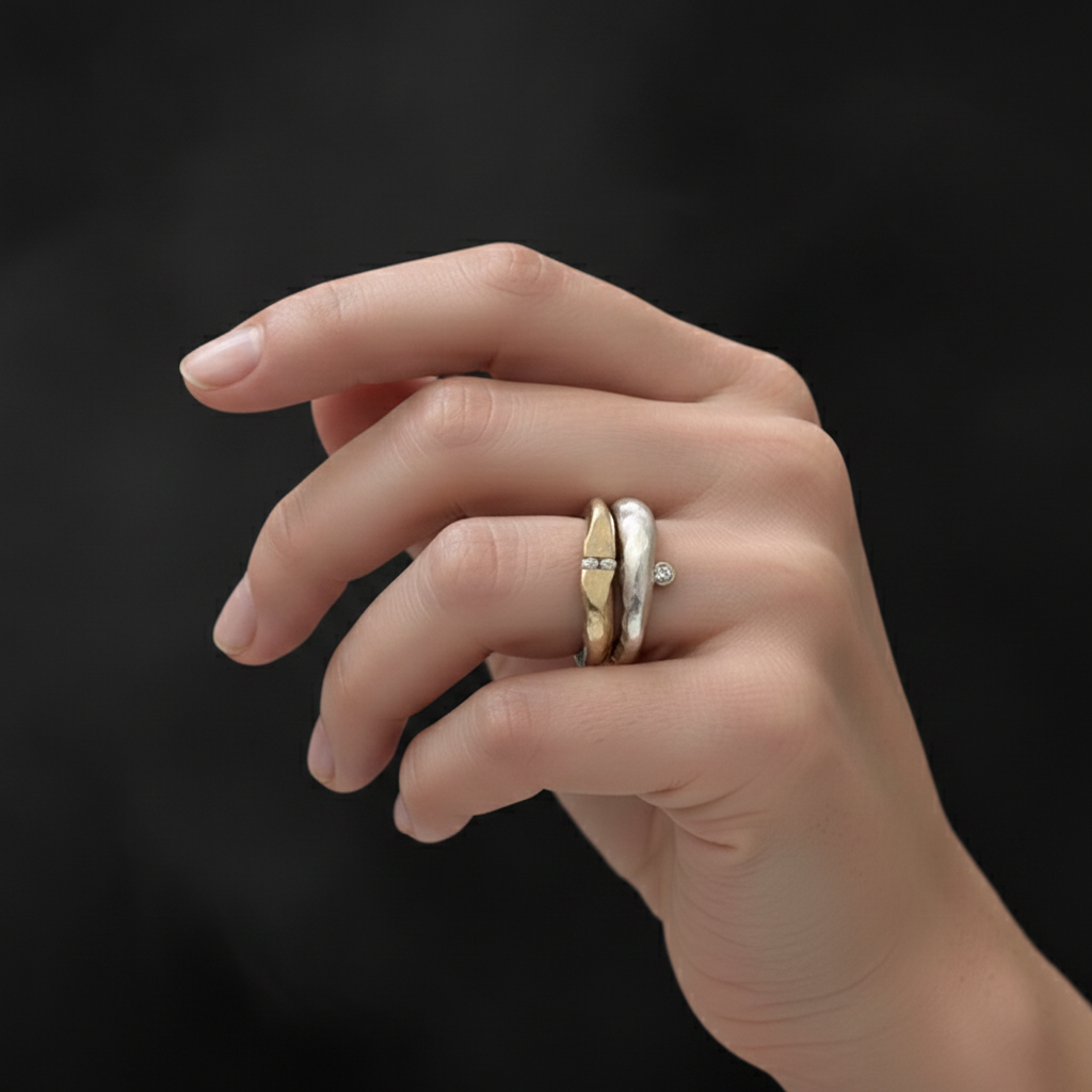 Odyssey ring in sterling silver with Channel ring in bronze on model 