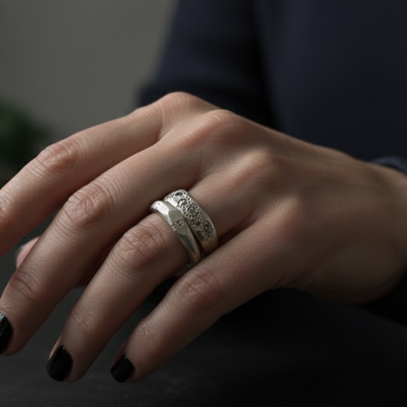 Channel Ring in Sterling Silver with Thrive Ring on Model