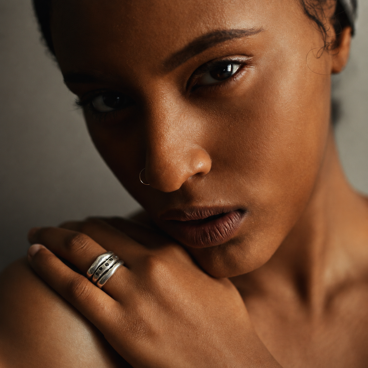 Model wearing Connection Ring Stack in Silver