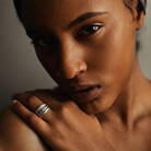 Model wearing Connection Ring Stack in Silver