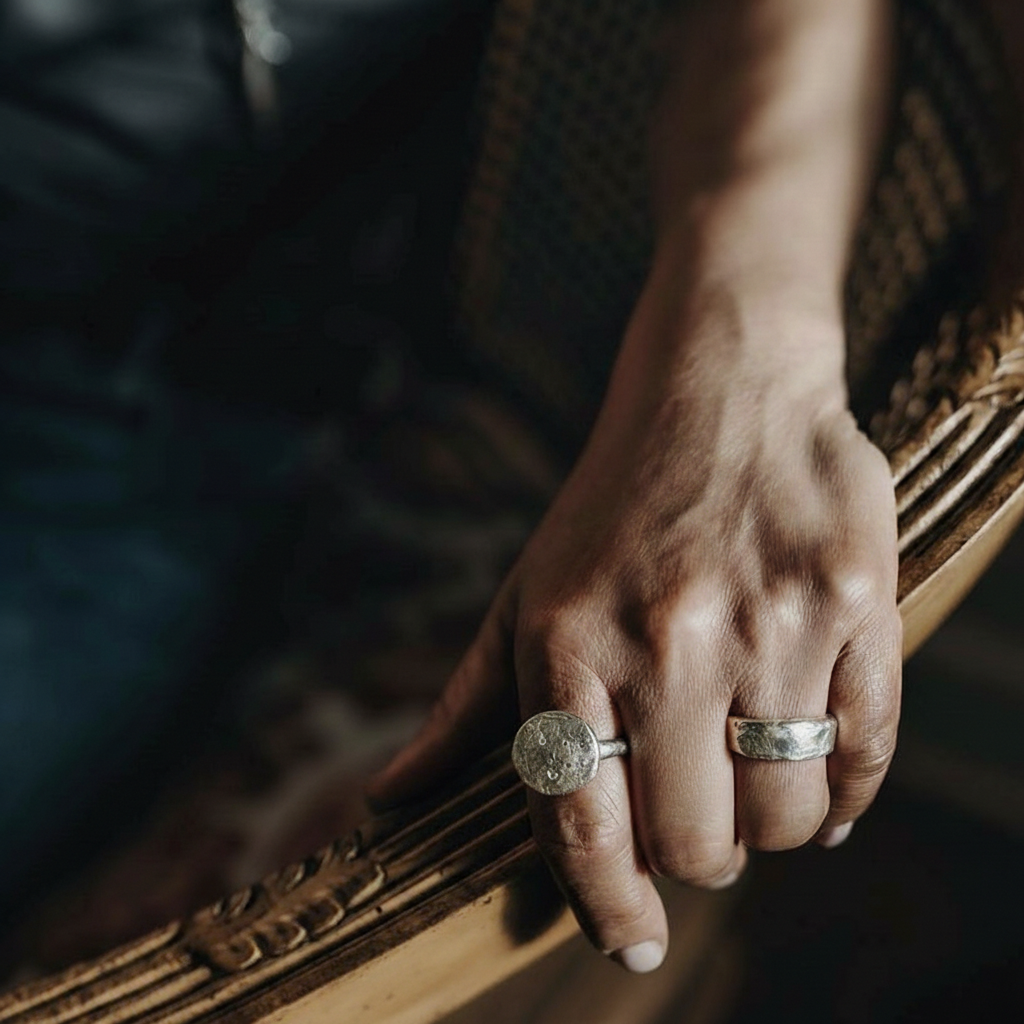Cosmic Crater Ring in Silver and Rebel Ring in Silver on a persons hand