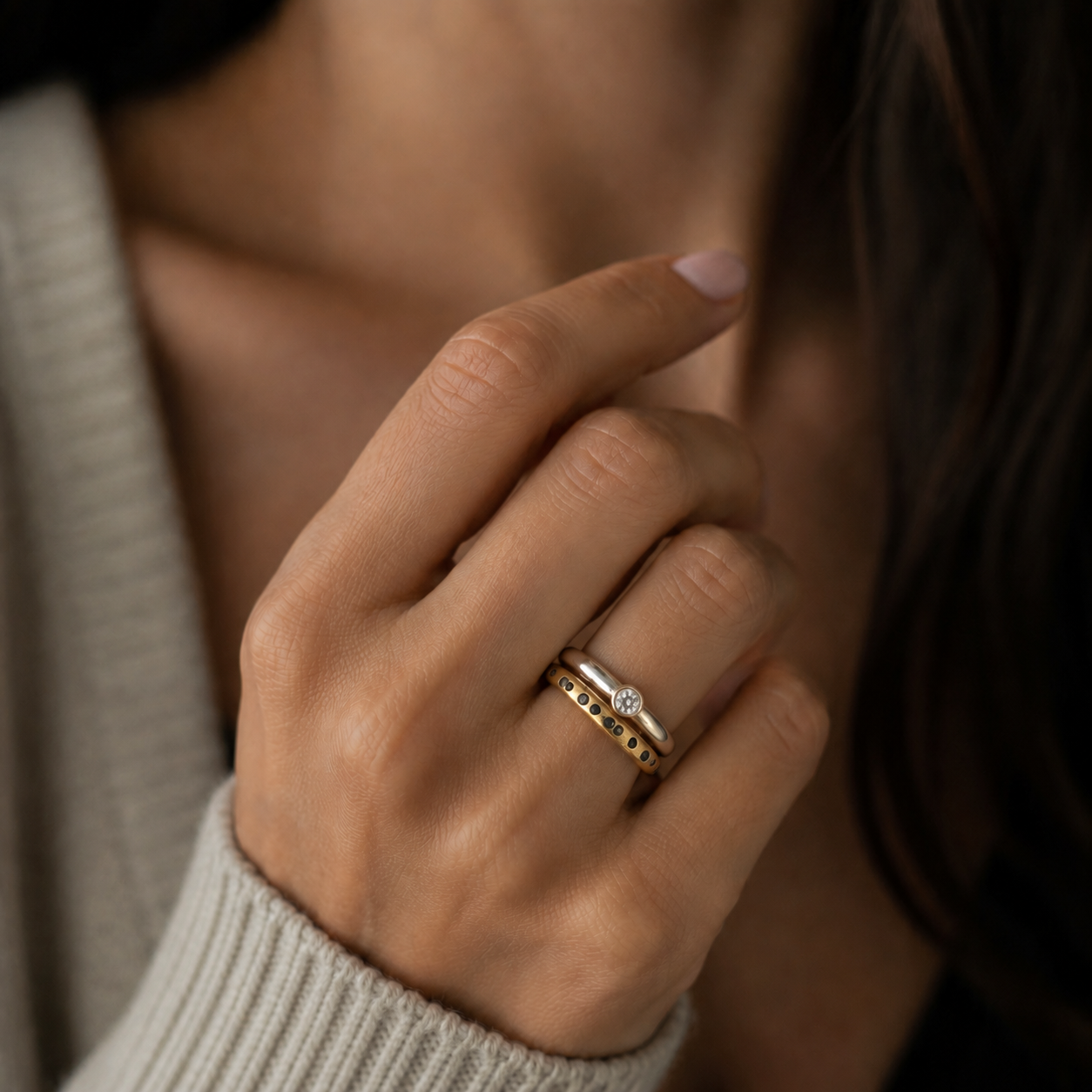 Model wearing Devotion Ring SS with white diamond and Ritual Noir Rings