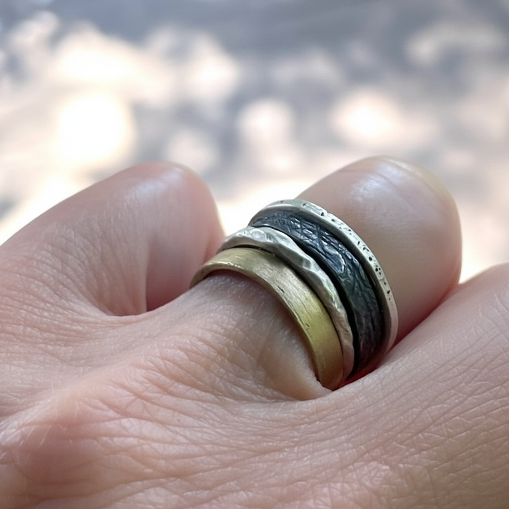Elemental Harmony Ring Stack Close Up on a Persons Hand