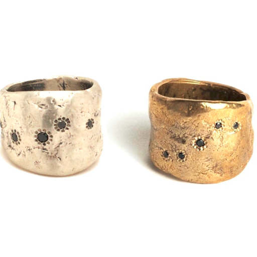 Five Elements Ring in Bronze and Sterling Silver featuring Black Diamonds 