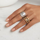 Connection Stacking Ring Set in Bronze and Five Elements Ring in Sterling Silver on model