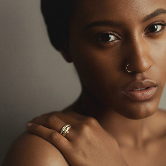 Channel Ring in Sterling Silver with Odyssey Ring in Bronze on model
