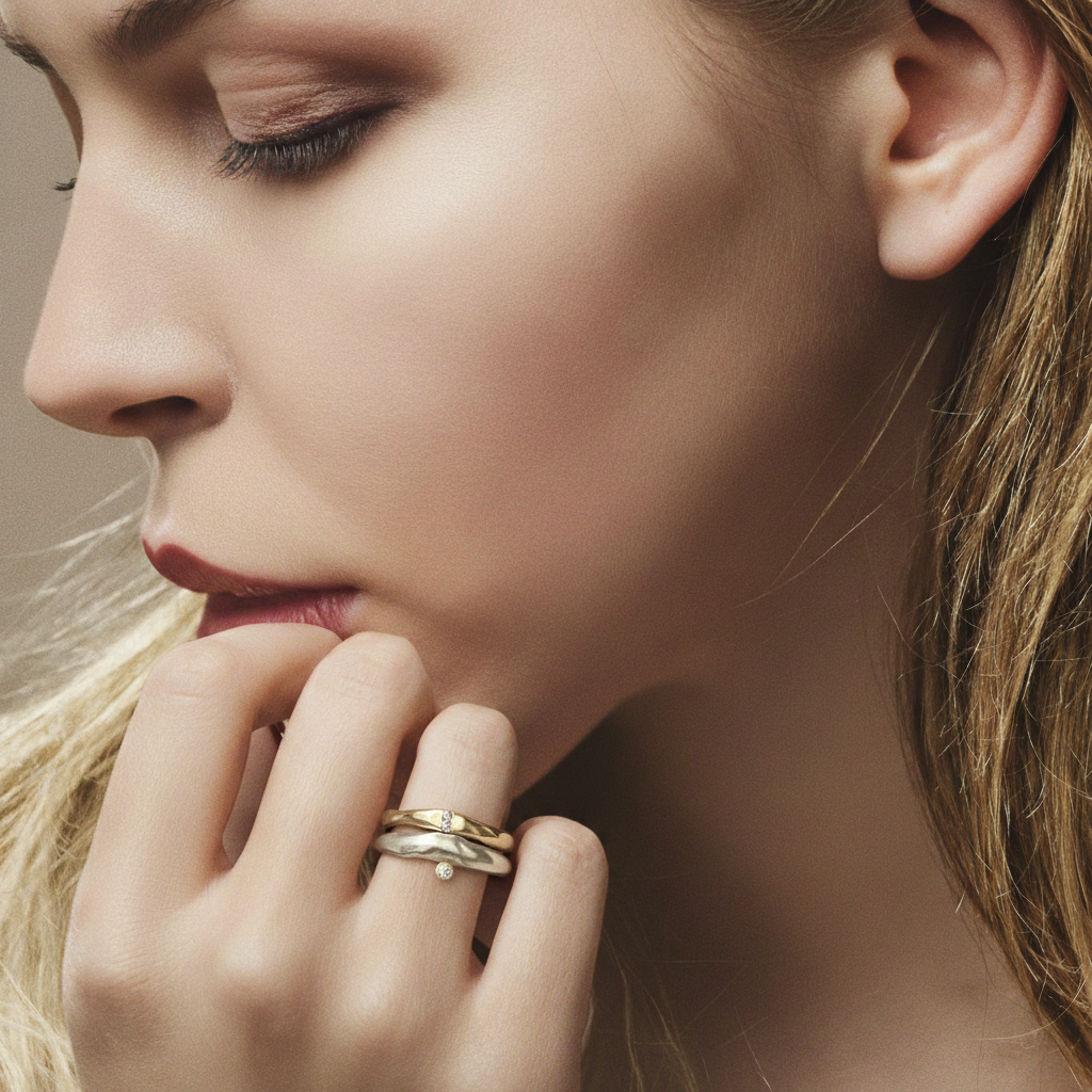 Model wearing Odyssey in Silver and Channel in Bronze Rings.